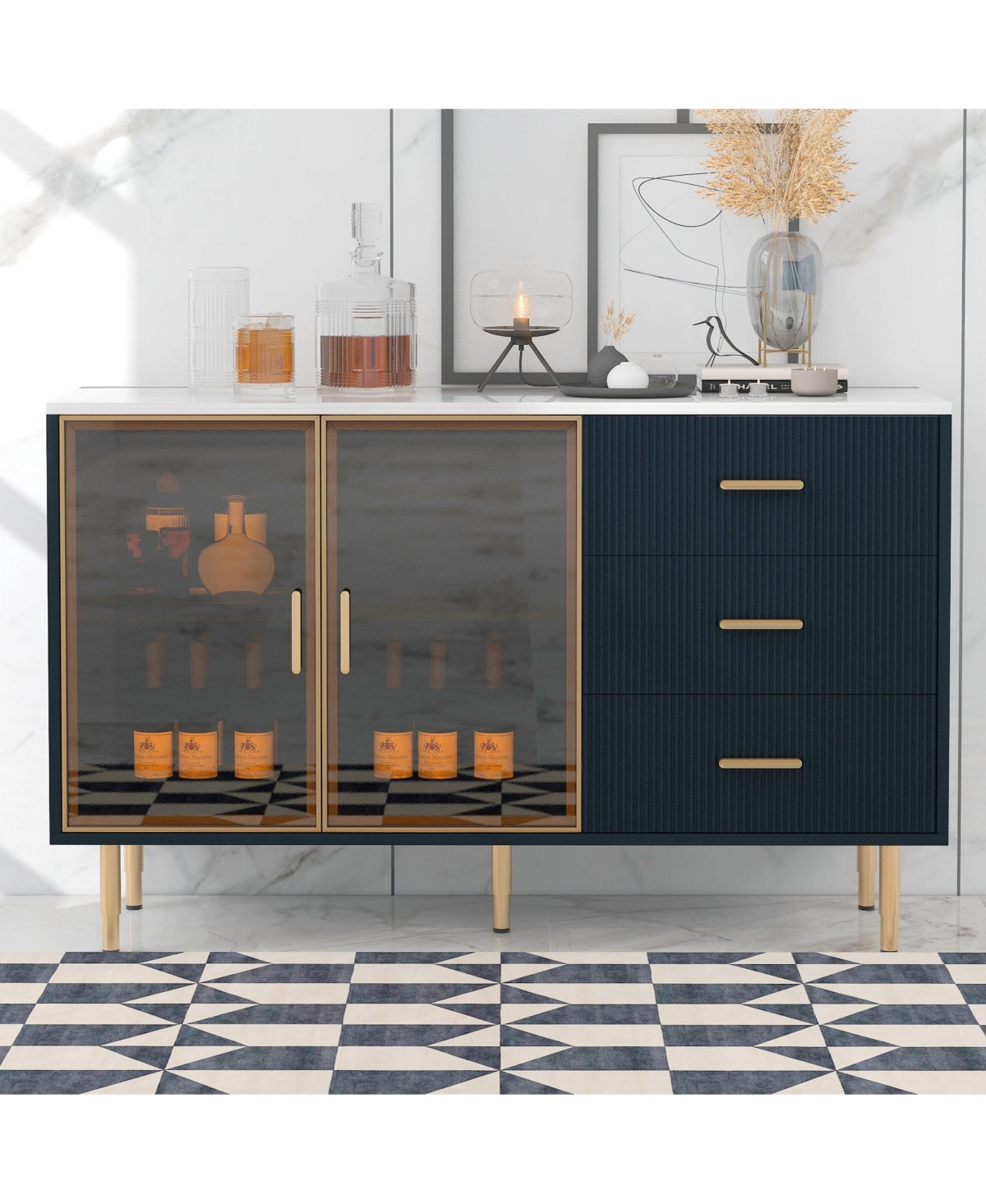 Slickblue Modern Mdf Sideboard Buffet Cabinet with Marble Top, Amber-Yellow Glass Doors & Gold Metal Legs