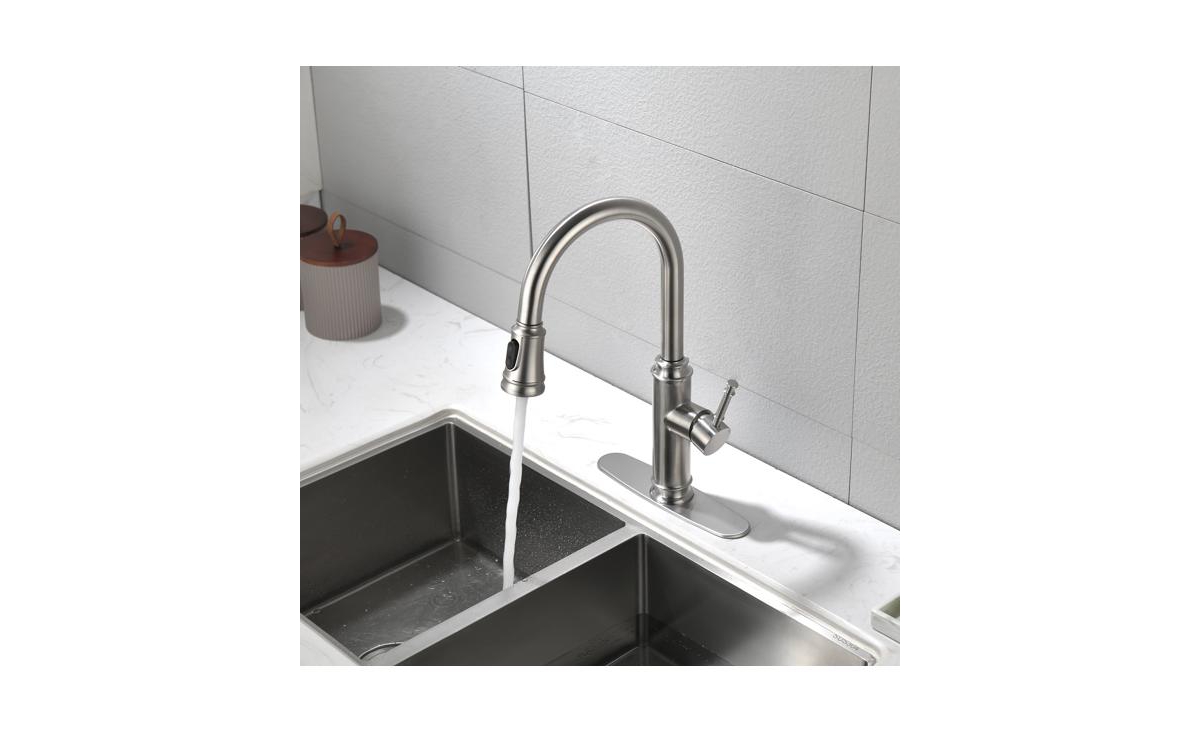 Slickblue Single Handle High Arc Pull-Out Kitchen Faucet Stainless Steel Kitchen Sink Faucet with Pull-Down Sprayer