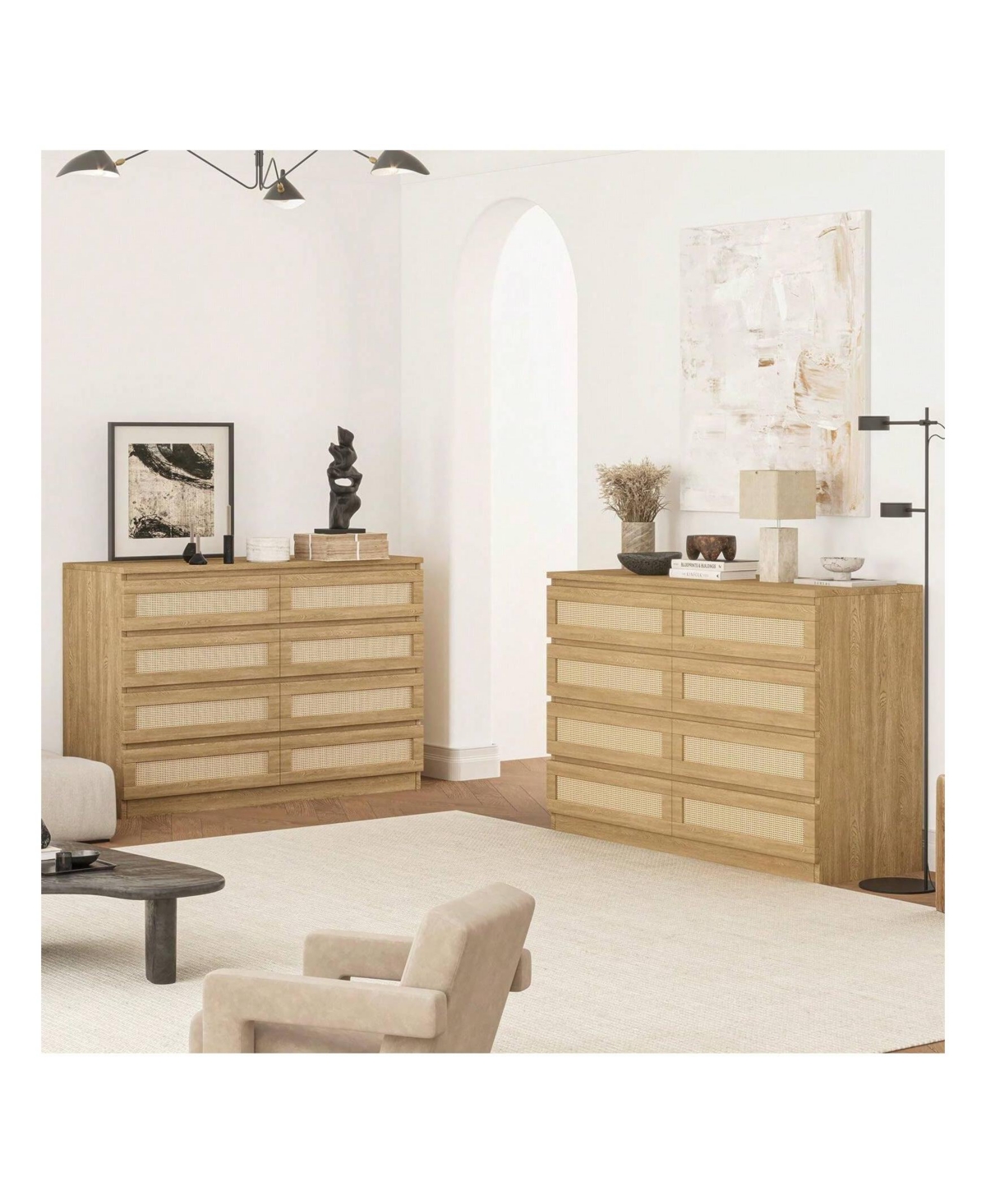 gaomon 8 Drawer Double Dresser For Bedroom, Rattan Chest Of Dressers, Modern Wooden Dresser Chest
