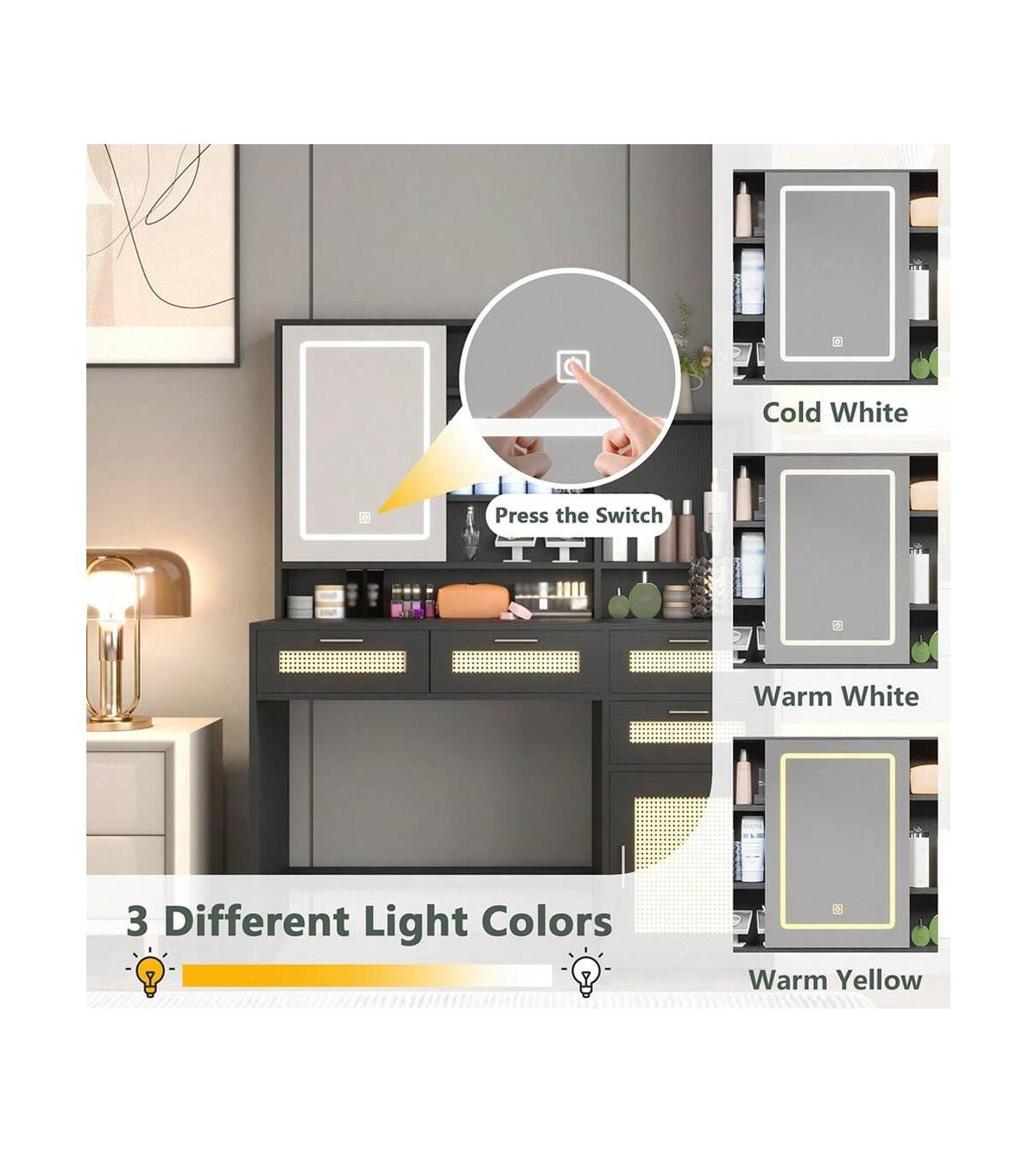 gaomon Makeup Vanity With Lights In 3 Colors And Openable Mirror, Vanity Desk With 4 Drawers, 1 Cabinets And Shelves, Vanity Table Rattan Vanity Dress