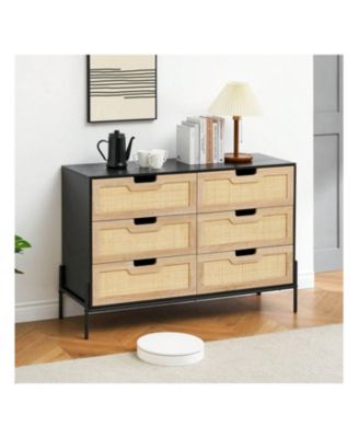 1-Pc 6-Drawer Dresser Wood Rattan Front Metal Legs Spacious Storage Chest