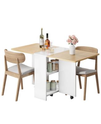 1 PC Wood 6 Wheels and 2-Layer Storage Shelf Folding  Drop Leaf Dining Table