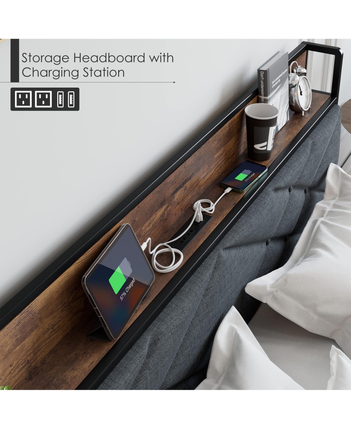 gaomon king Bed Frame, Storage Headboard with Charging Station, Solid Metal Frame, Noise Free, No Box Spring Needed