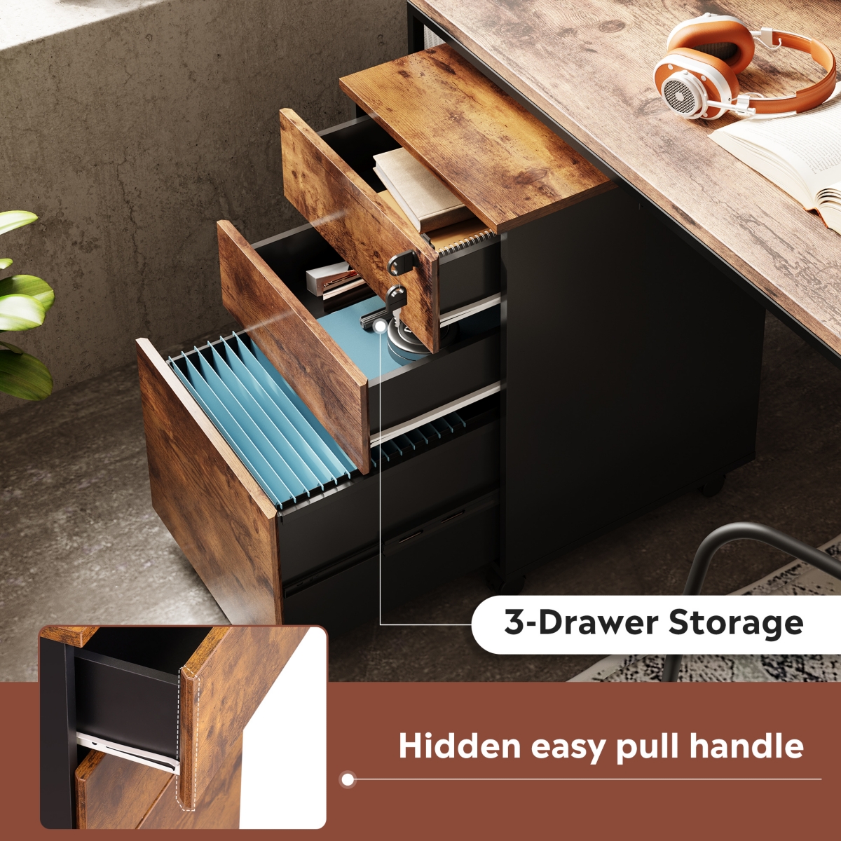 3-Drawer Rolling File Cabinet with Lock, Wood Under Desk Filing Cabinet for Home Office, Fits Letter/Legal/A4 Size, Rustic Brown