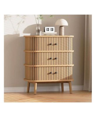 Fluted 3 Drawer Nightstand With Sliding Door, Mid Century Wooden 3 Drawer Dresser, Chest Of Storage Drawer, Side Table For Bedroom, Living Room, Small Space