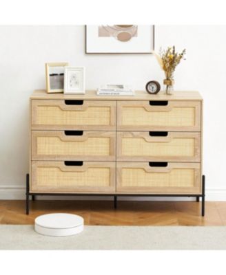 6 Drawers Wood Natural Rattan Drawer With Spacious Storage Dresser