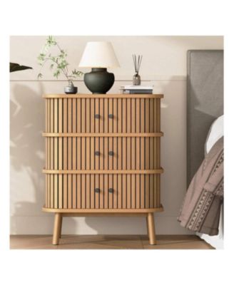 Fluted 3 Drawer Nightstand With Sliding Door, Mid Century Wooden 3 Drawer Dresser, Chest Of Storage Drawer, Side Table For Bedroom