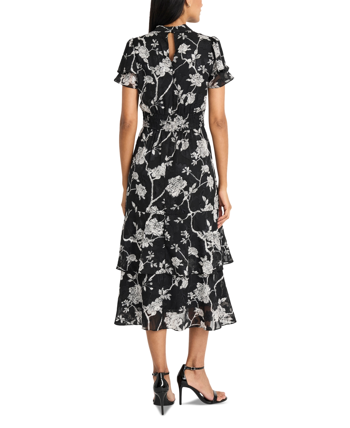 Maggy London Floral Short Sleeve Tiered Midi Dress In Black,whit