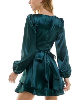 Juniors' Blouson-Sleeve Satin A-Line Dress
