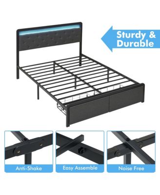 Full Size Bed Frame with Led Lights Headboard, Upholstered Bed with Headboard and 2 Storage Drawers