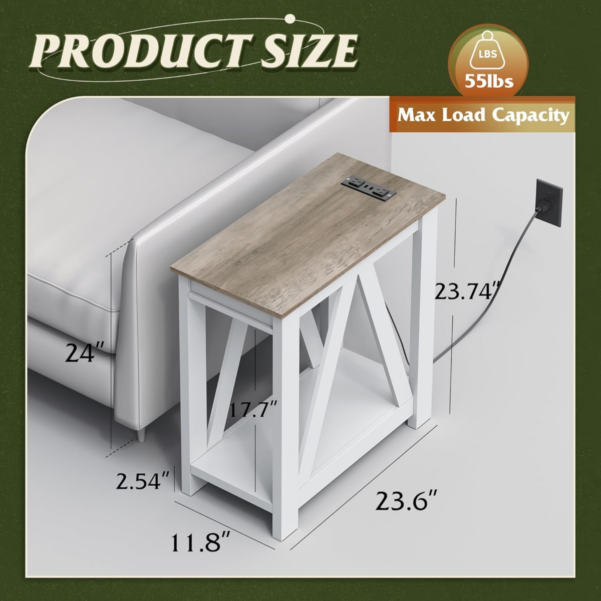 Wlive Narrow End Table with Charging Station of Open Storage Shelf，Sofa Side Table with 2 Usb and 2 Power Outlets，Slim Farmhouse End Tab