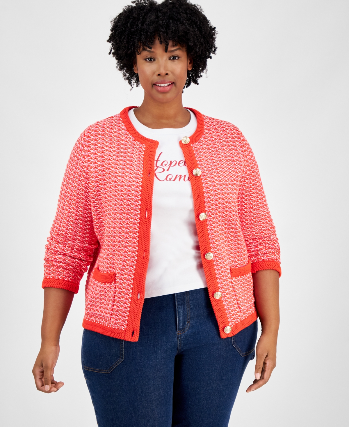 On 34th Trendy Plus Size Cotton Jacquard Cardigan, Exclusively At Macy's In Sweet Berry