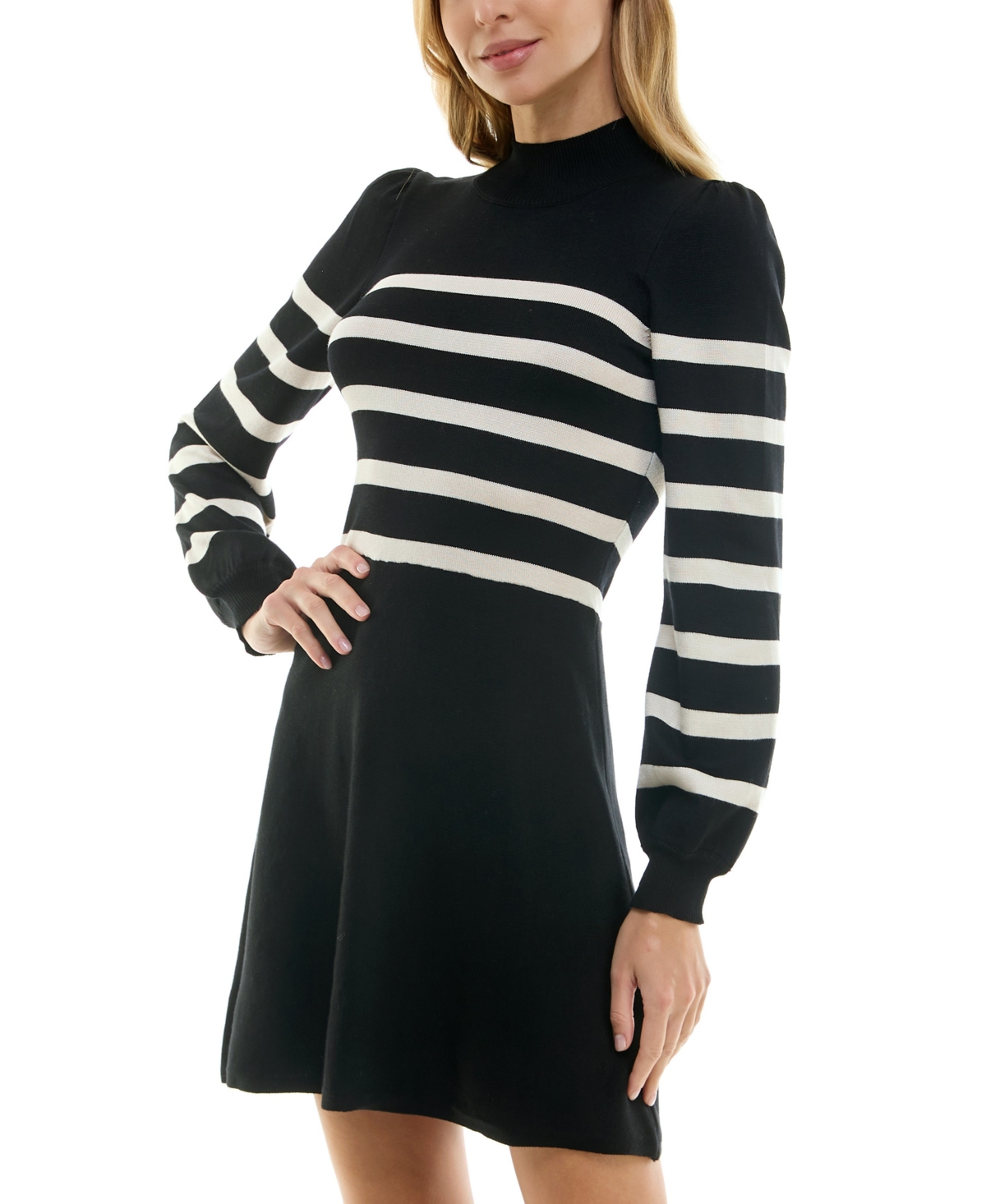 Crystal Doll Juniors' Striped Mockneck Blouson-Sleeve Sweater Dress -ivo