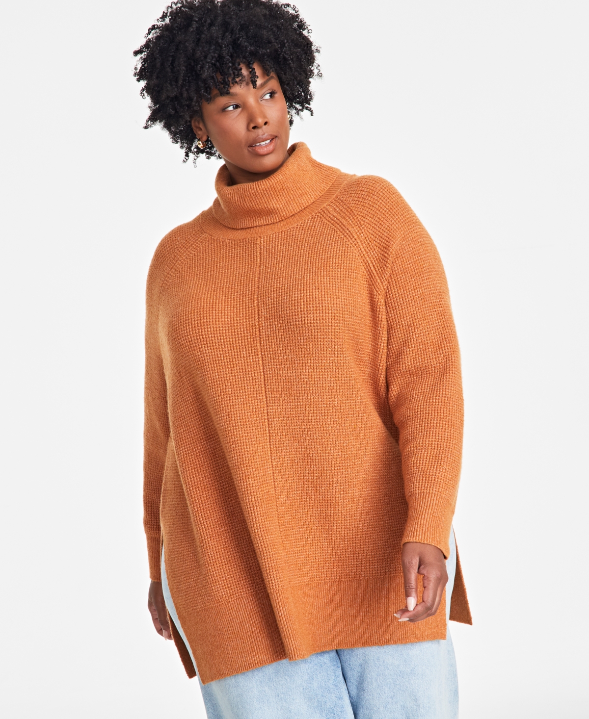 ON 34TH PLUS SIZE TURTLENECK WAFFLE-KNIT TUNIC SWEATER, CREATED FOR MACY'S 