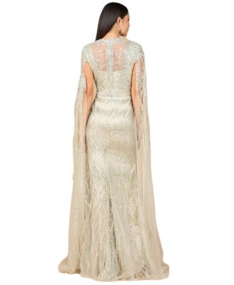 Women's V - Neck Gown with Long Cape Sleeves and Feathers