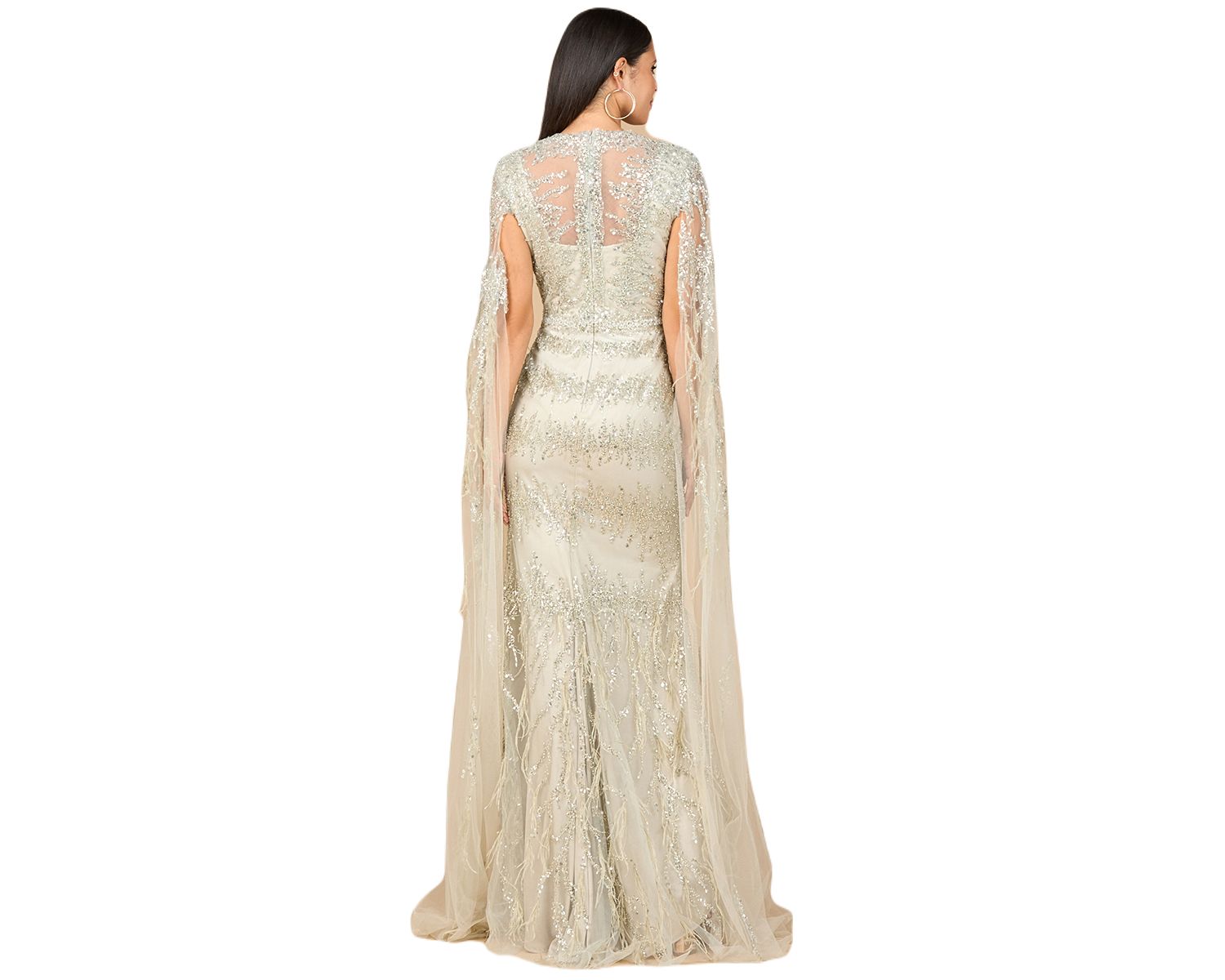 Women's V - Neck Gown with Long Cape Sleeves and Feathers