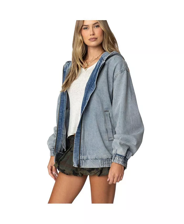 Womens Hooded Vintage Washed Denim Bomber Jacket - thumbnail 3