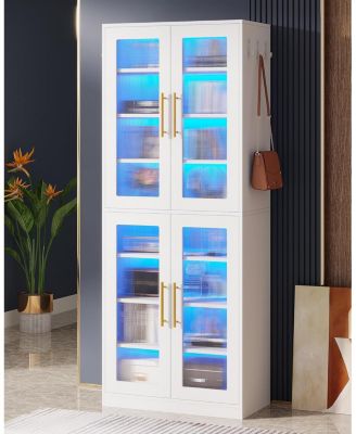 Bookcase with Doors and LED Light, 67-inch Tall  Bookshelf with 8-Tier Adjustable Shelves and Hanging Hooks, Freestanding Storage Cabinet