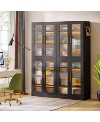 Bookcase with Doors and LED Light, 67-inch Tall  Bookshelf with 8-Tier Adjustable Shelves and Hanging Hooks, Freestanding Storage Cabinet