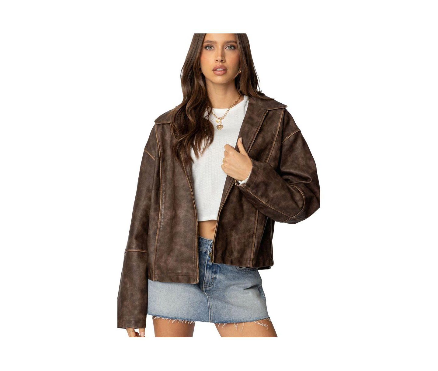 Женская куртка Edikted Oversized Washed Faux Leather, цвет: Коричневый потёртый — фото 1