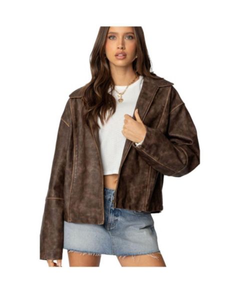 Женская куртка Edikted Oversized Washed Faux Leather, цвет: Коричневый потёртый