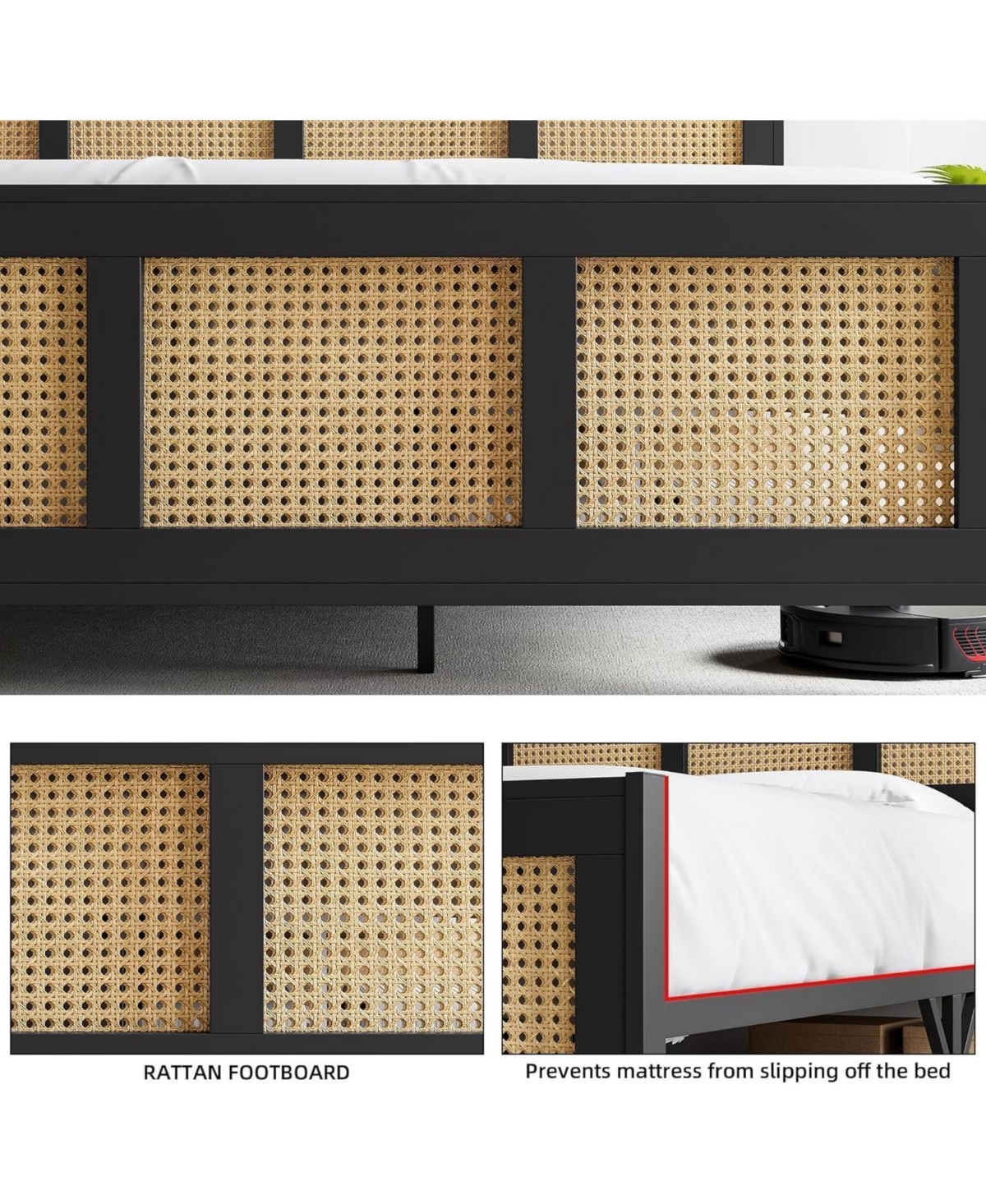 gaomon Size Bed Frame, Metal Bed Frame with Rattan Headboard and Footboard, Rattan Platform Bed Frame