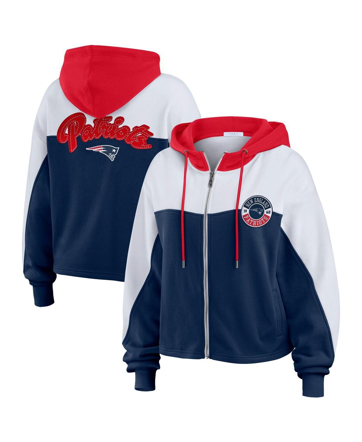 Wear By Erin Andrews Women's Navy/white New England Patriots Color Block Full-zip Hoodie In Navy,white