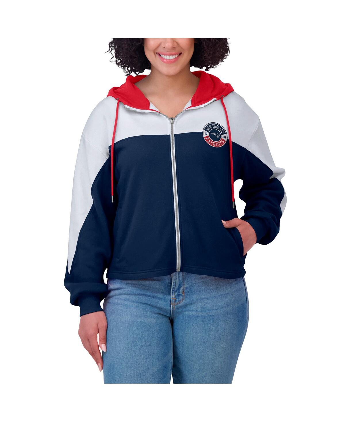 Wear By Erin Andrews Women's Navy/white New England Patriots Color Block Full-zip Hoodie In Navy,white