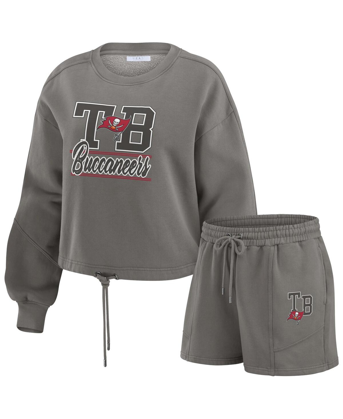 Women's Pewter Tampa Bay Buccaneers Washed Fleece Long Sleeve T-Shirt Shorts Lounge Set - Pewter