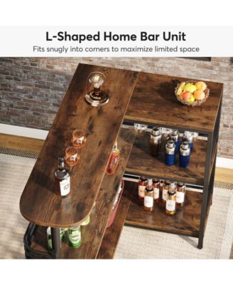 3 Tier Liquor Bar Table with Storage Shelves and Wine Glasses Holder,L-Shaped Home Bar Unit