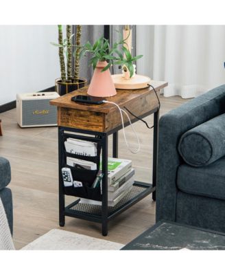 End Table with USB Charging Station, Flip Top, Side Pocket – Industrial Nightstand