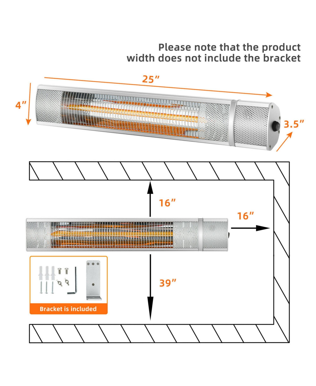 Gymax 1500W Electric Patio Heater Wall-Mounted Infrared Heater w/Remote Control Silver