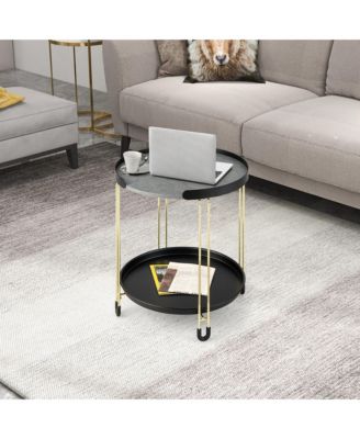 2-Tier Side End Table Round Nightstand Gold Frame for Living Room Bedroom