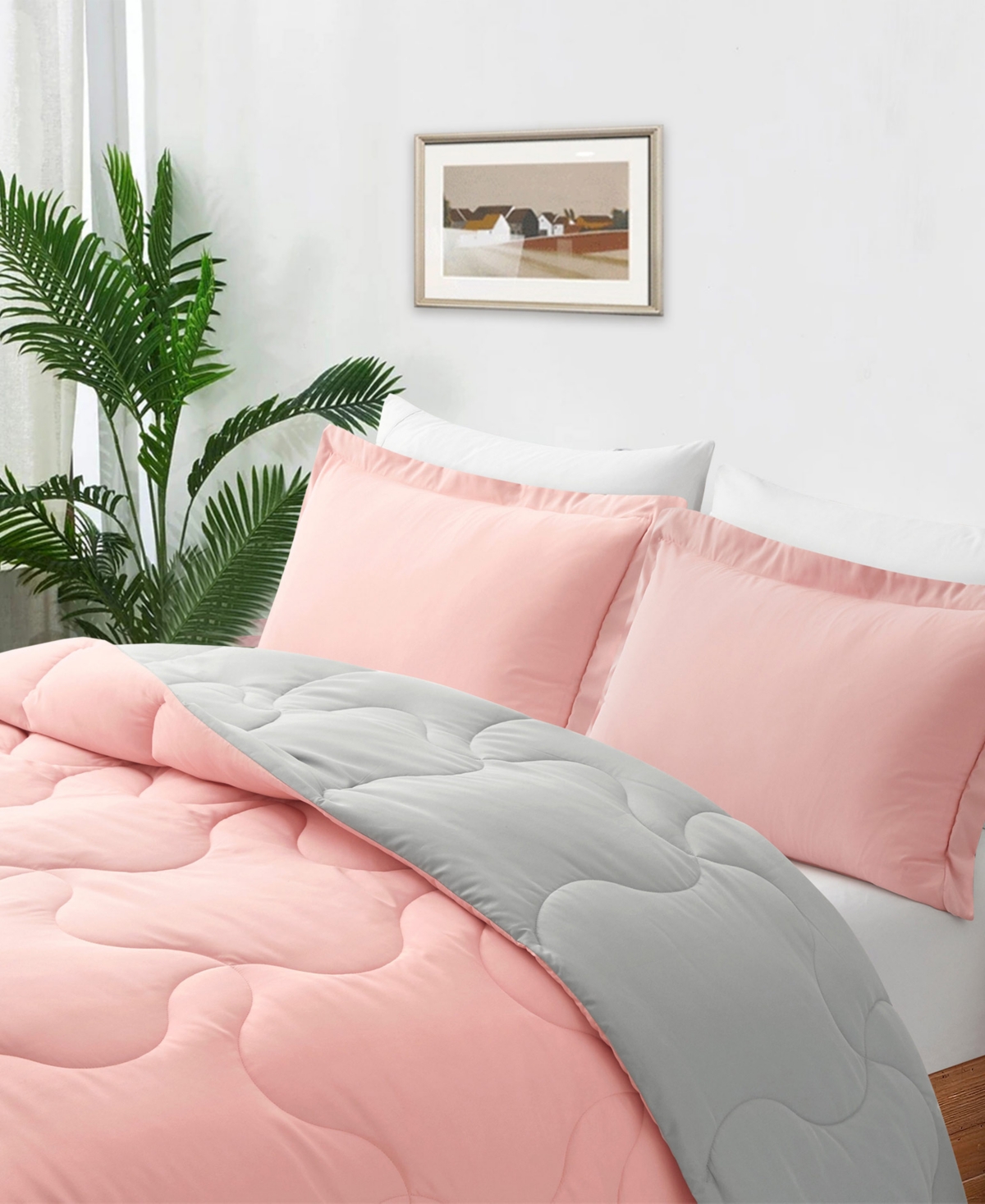 Unikome Lightweight Quilted Reversible Down Alternative Comforter Set, 3 Piece, King In Pink,light Gray
