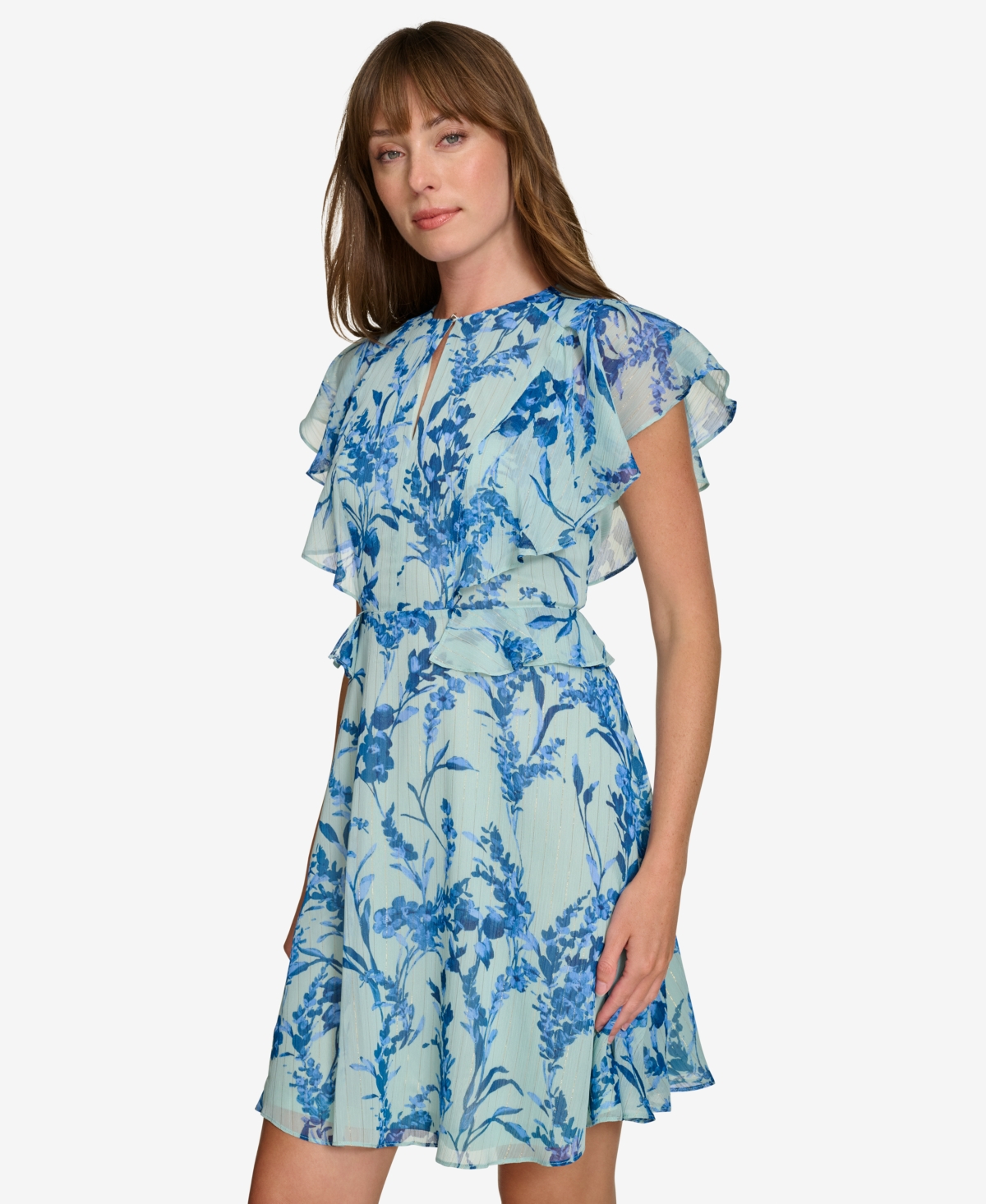 Tommy Hilfiger Petite Printed Flutter-Sleeve Chiffon Dress -Blue