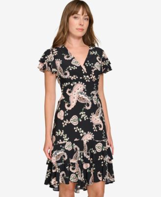Tommy Hilfiger Women's Paisley-Print Flutter-Sleeve Fit & Flare Dress -  Macy's