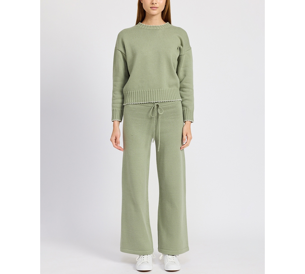 Women's Rochelle Scalloped Knit Sweater - Sage Mist Ivory