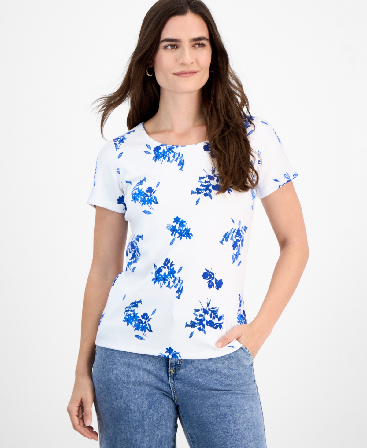 Style & Co Women's Printed Scoop-neck Short-sleeve T-shirt, Exclusively At Macy's In Blue Floral