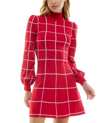 Crystal Doll - Juniors' Metallic Windowpane Print Turtleneck Sweater Dress