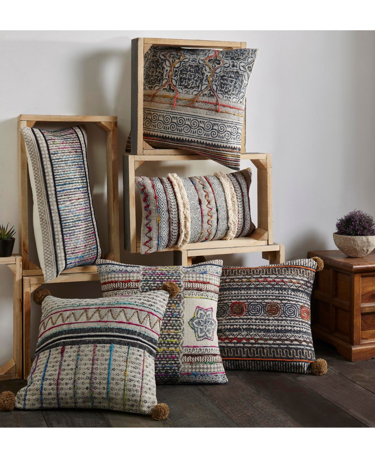 Ihi Home Embroidered Pillow, Natural - Geometric Half and Half Natural 105