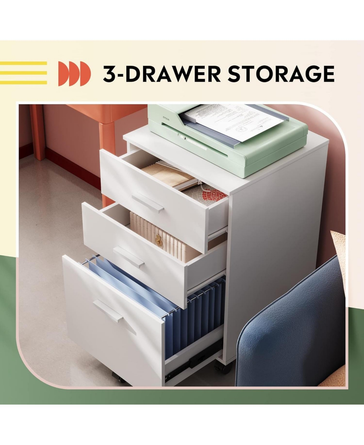 Devaise 3 Drawer Wood Mobile File Cabinet, Rolling Filing Cabinet for Letter/A4