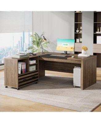 62.2" MDF L-Shaped Mobile File Cabinet, Storage Shelves & Lockable Casters Executive Desk