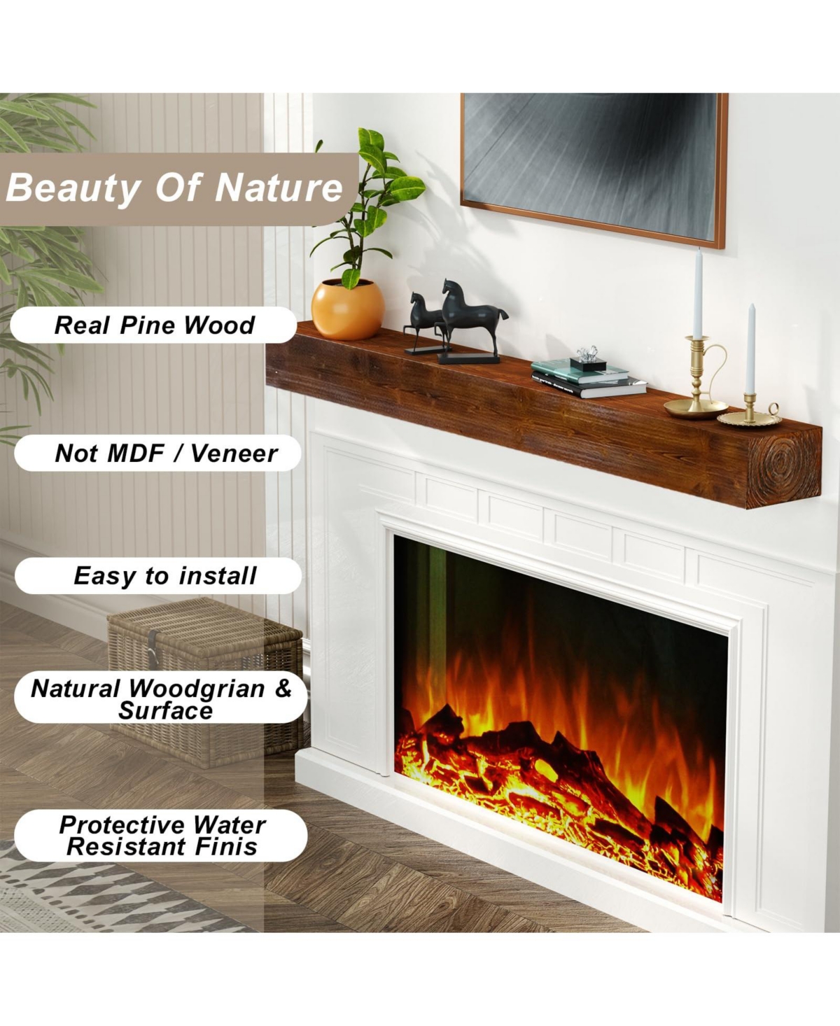 Lovmor Solid Pine Wood Cap-Shelf Mantel Natural