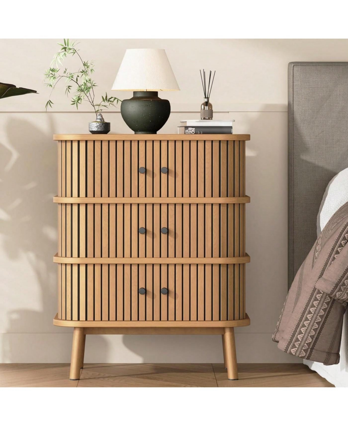 gaomon Fluted 3 Drawer Nightstand With Sliding Door, Mid Century Wooden 3 Drawer Dresser, Chest Of Storage Drawer, Side Table For Bedroom, Living Room