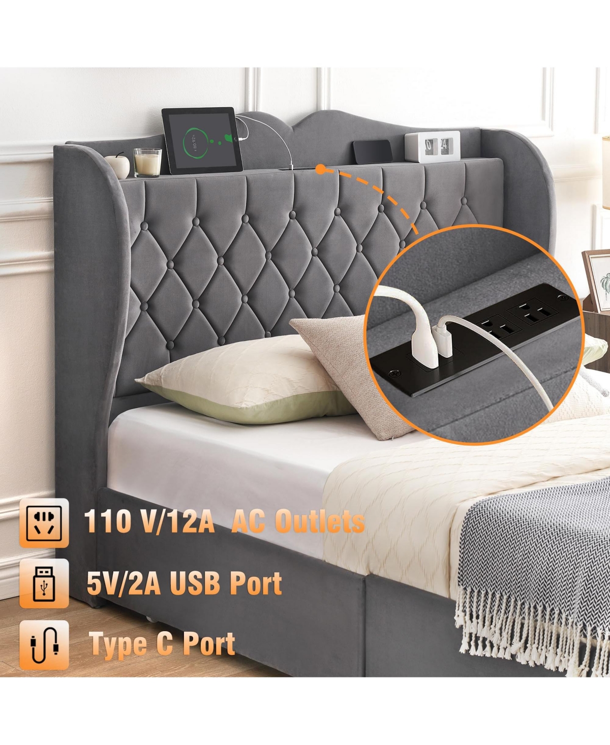 gaomon SizeVelvet Bed Frame with 4 Convenient Storage Drawers, Wingback Headboard with Charging Station - Grey