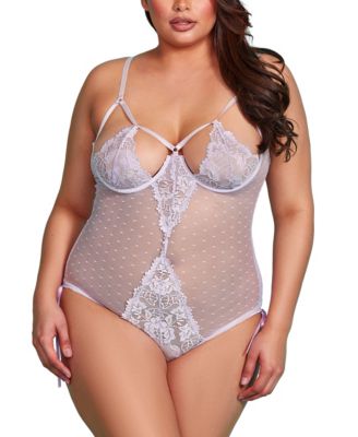 Hauty - Plus Size 1 Piece Dotted Mesh Bodysuit Lingerie Embellished in Contrast Soft Lace