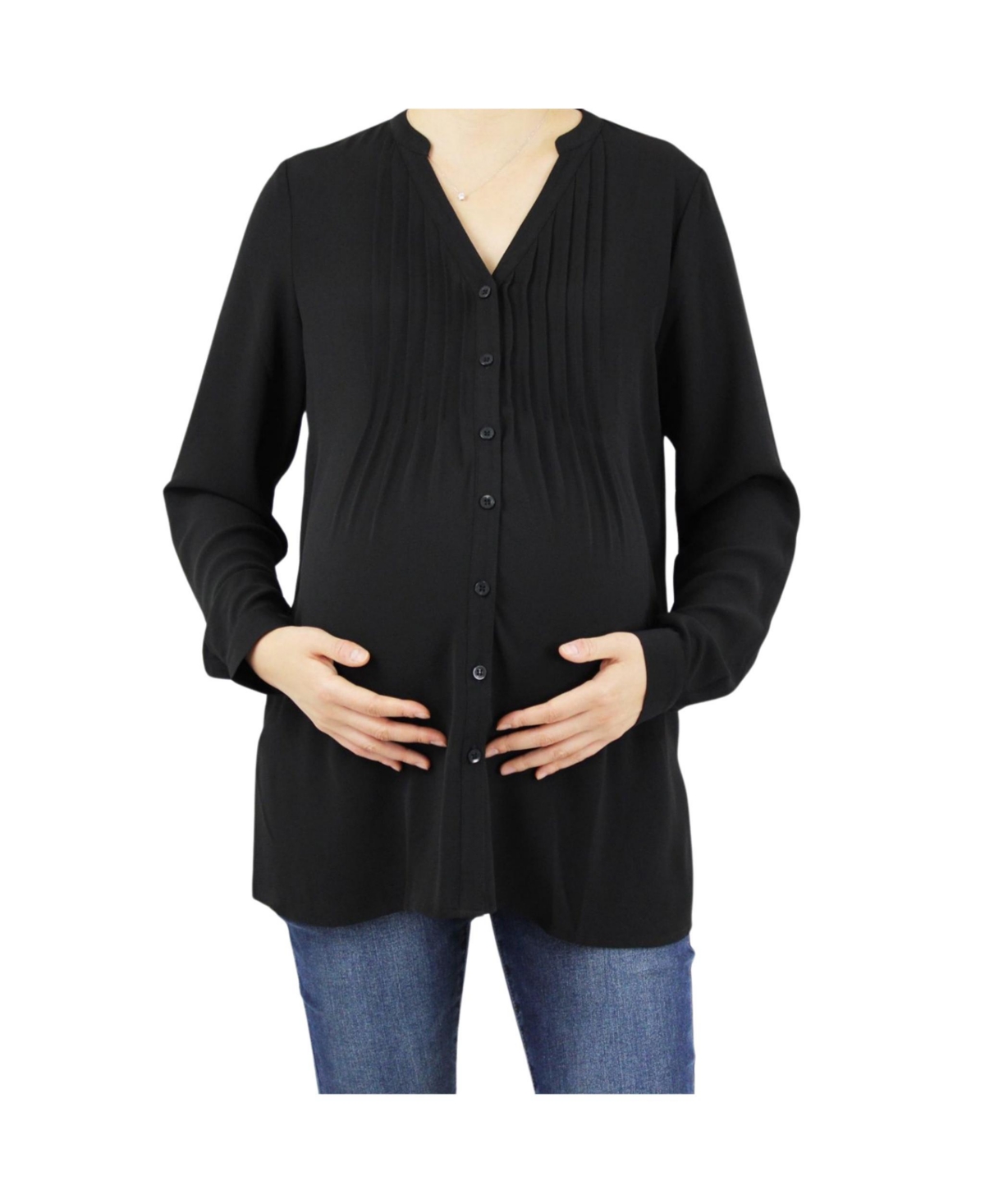 Maternity Pleated Convertible Sleeves Top - Black