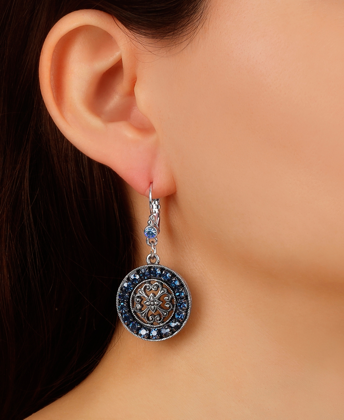 2028 Blue Crystal Round Filigree Drop Earrings In Blue