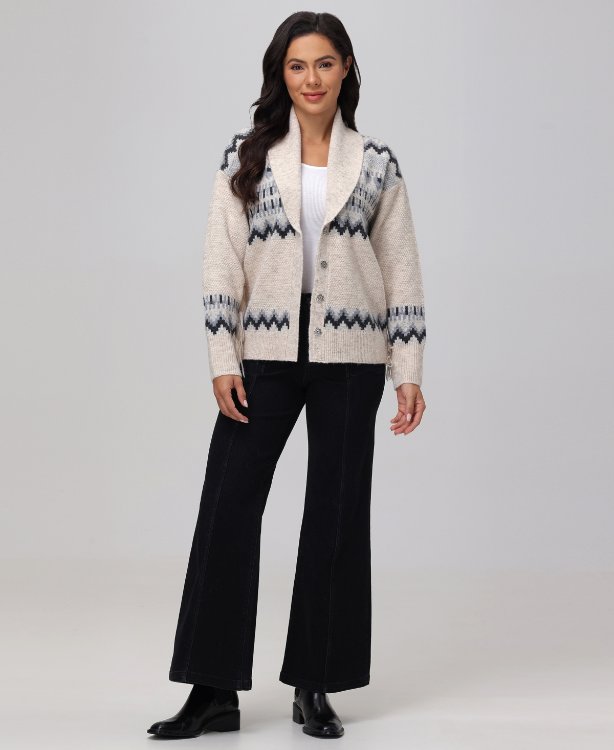Frye Women's Fringe-Trim Fair Isle Shawl-Collar Cardigan