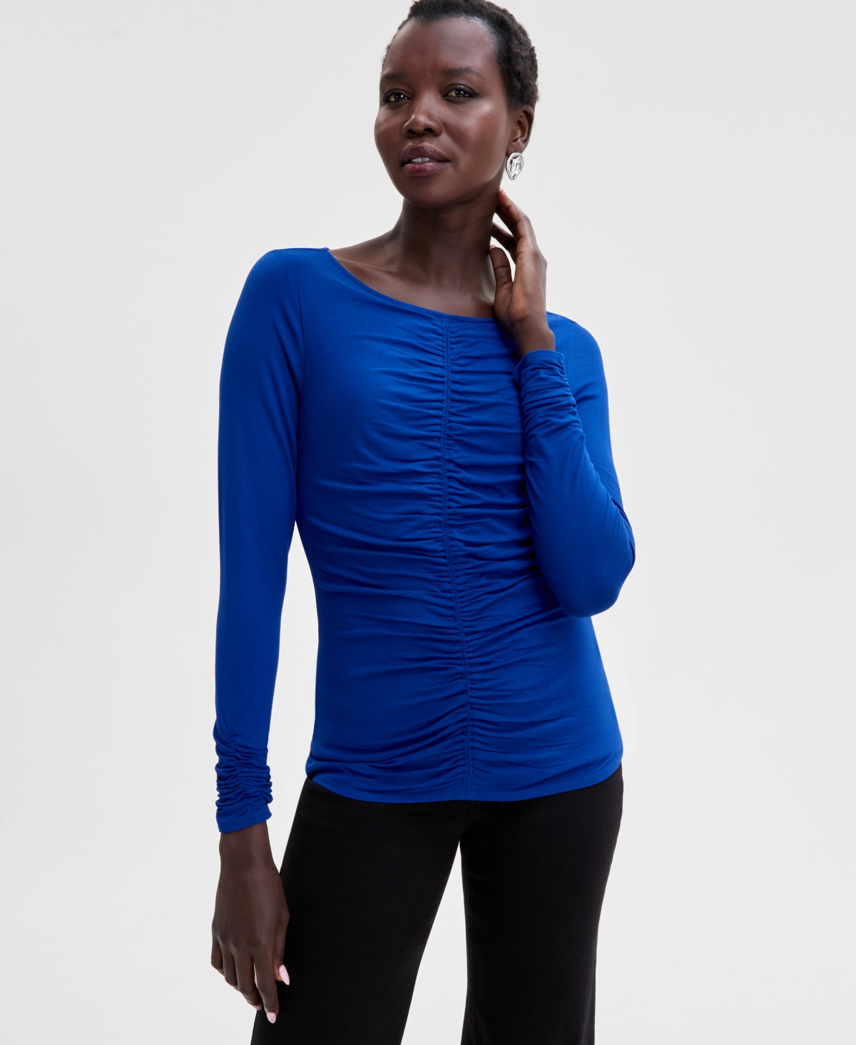 Women's Crewneck Ruched Front Long-Sleeve Top, Exclusively at Macy's - Bright Blu